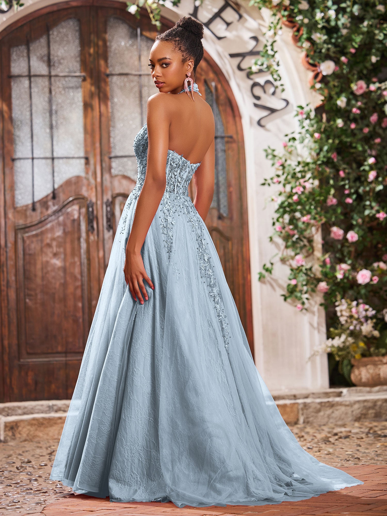 Deep V-neck Appliqued Corset Tulle Lace Maxi Prom Dresses Dusty Blue